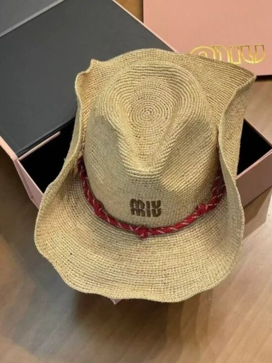 Miu Miu​​​​​ Accessories - Miu Miu Beige Straw Hat with Red Accent